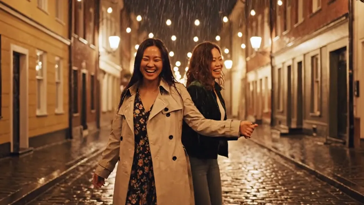 Two friends dancing down a rainy street under string lights