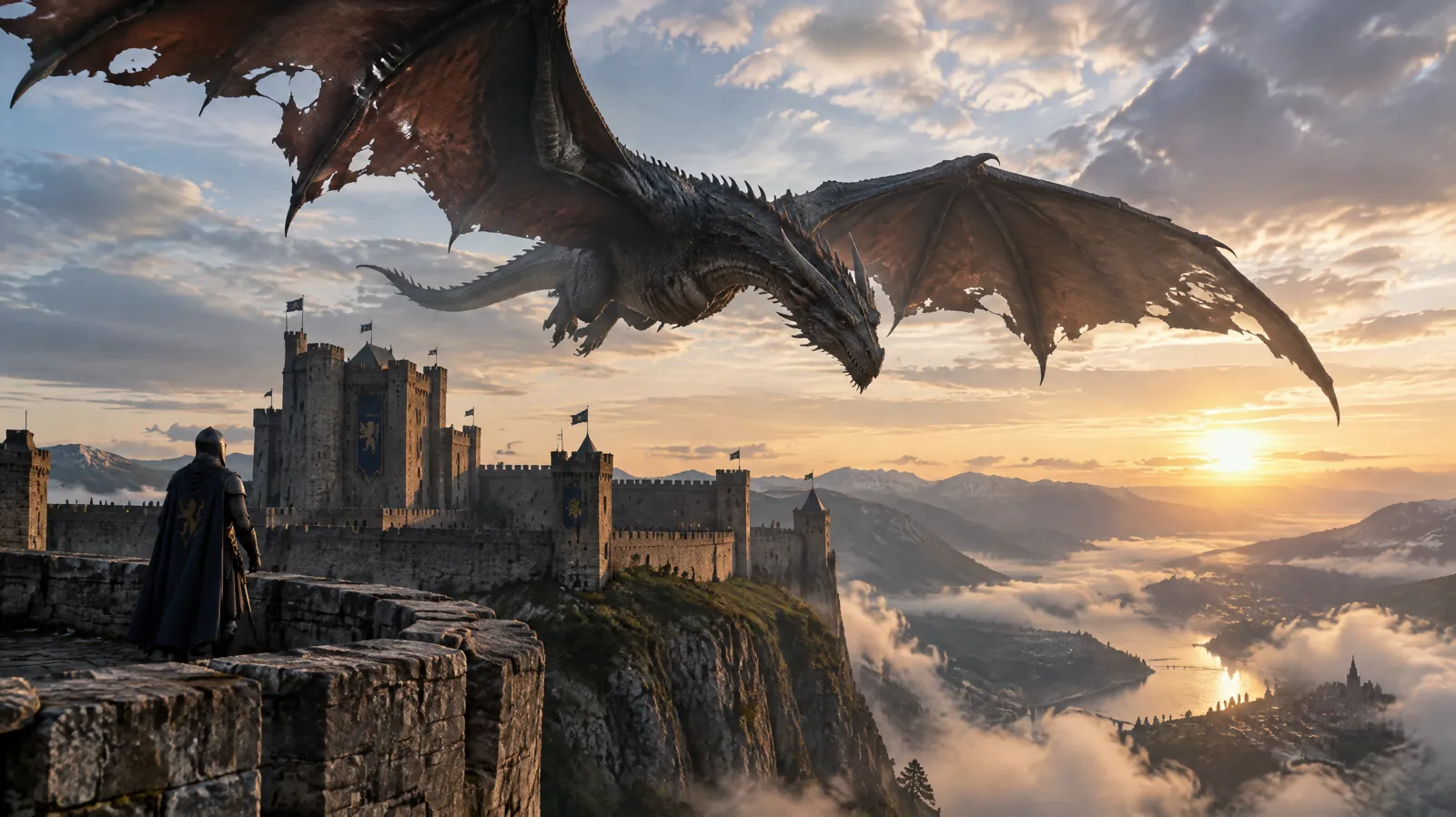 Dragon over a castle at sunrise