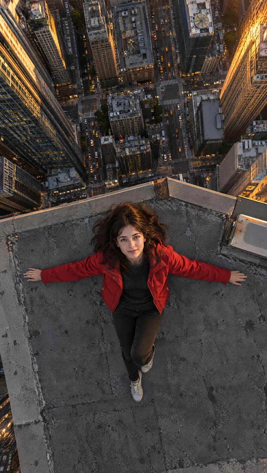 Photo of a woman lying on a skyscraper rooftop