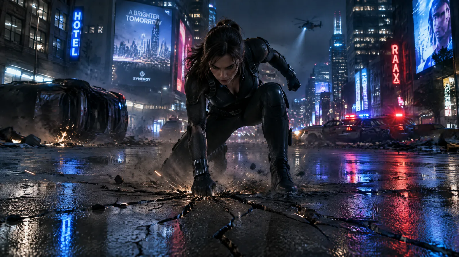 Heroine landing on a neon street