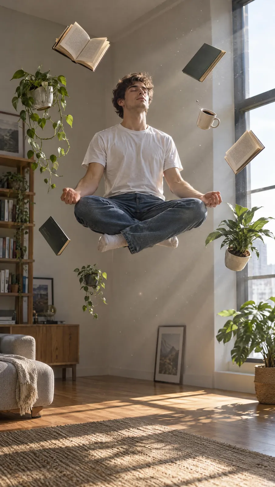 Man floating in a sunlit apartment