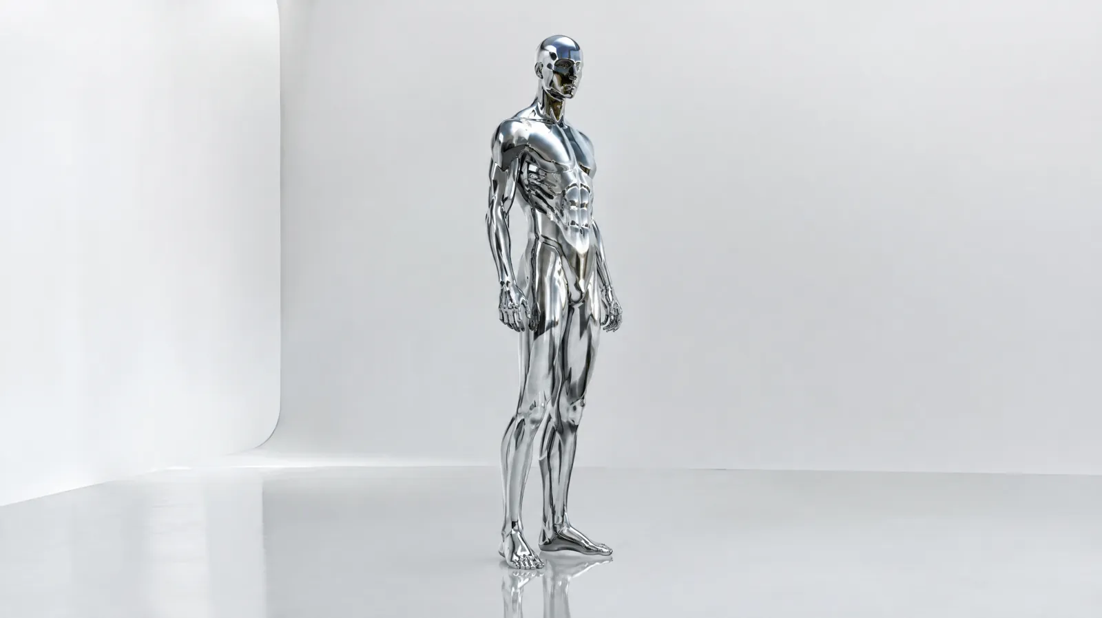 Chrome liquid metal figure in a white studio