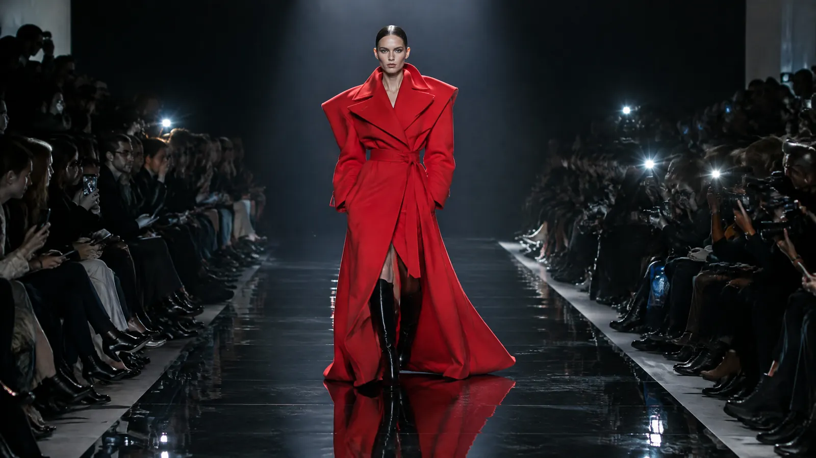 Model in a red coat on a runway