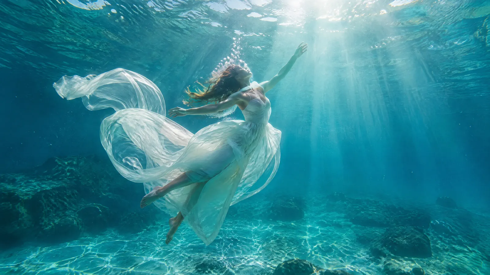 Dancer in white underwater