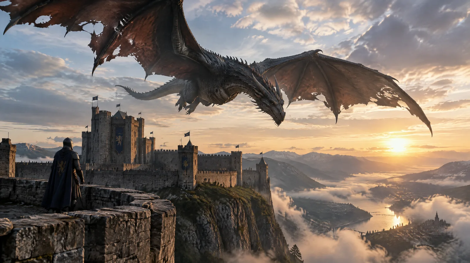 Upscaled dragon over a castle